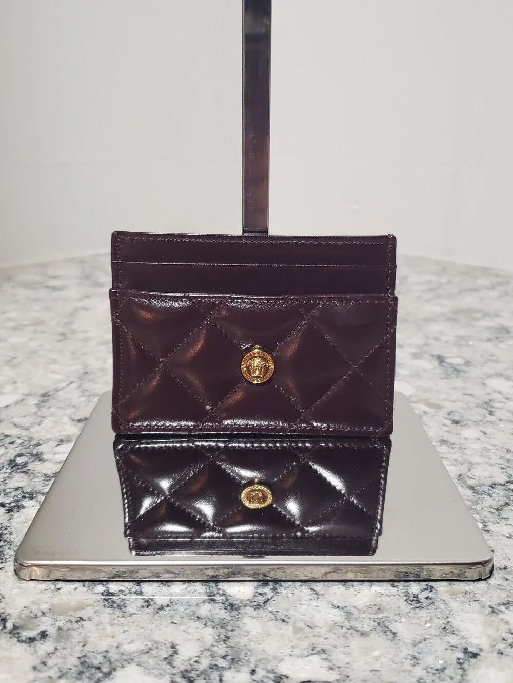 Versace Burgundy Quilted Leather Gold Medusa Card Case Holder NIB